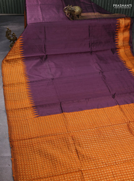 Pure dupion silk saree wine shade and mustard yellow with plain body and temple design zari woven border