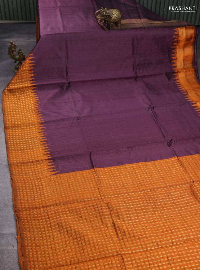 Pure dupion silk saree wine shade and mustard yellow with plain body and temple design zari woven border