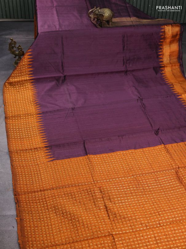 Pure dupion silk saree wine shade and mustard yellow with plain body and temple design zari woven border
