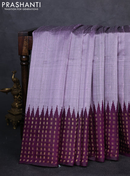 Pure dupion silk saree mild lavender and deep purple with plain body and temple design zari woven border