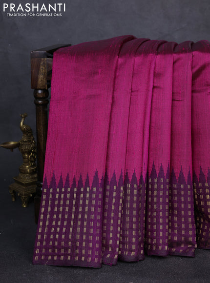 Pure dupion silk saree magenta pink and deep purple with plain body and temple design zari woven border