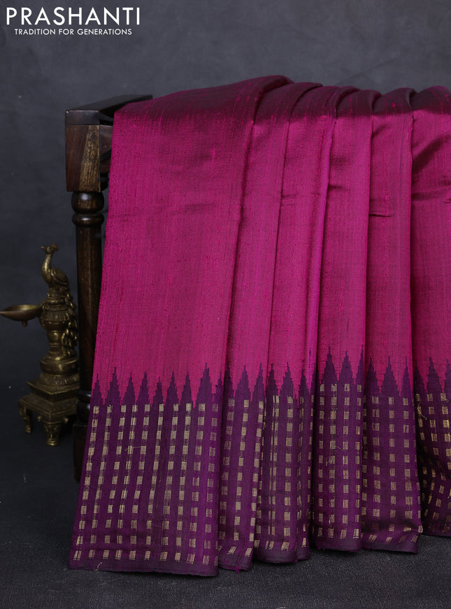 Pure dupion silk saree magenta pink and deep purple with plain body and temple design zari woven border