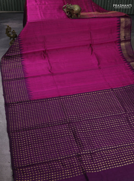 Pure dupion silk saree magenta pink and deep purple with plain body and temple design zari woven border