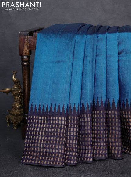 Pure dupion silk saree cs blue and black with plain body and temple design zari woven border