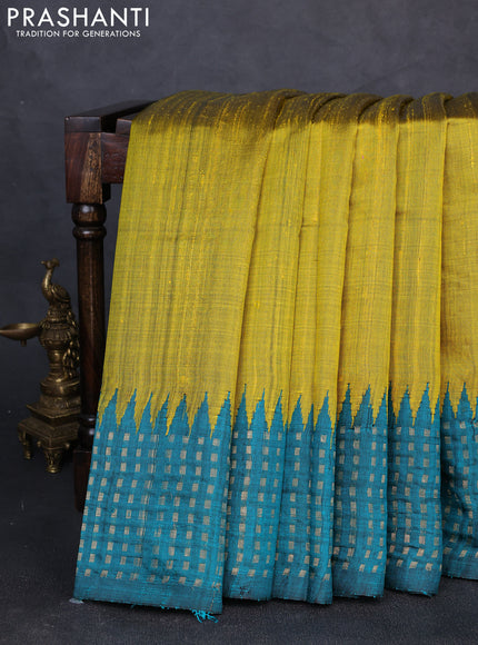 Pure dupion silk saree mustard yellow and teal green with plain body and temple design zari woven border