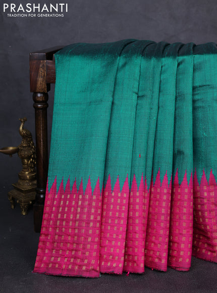 Pure dupion silk saree teal green and pink with plain body and temple design zari woven border