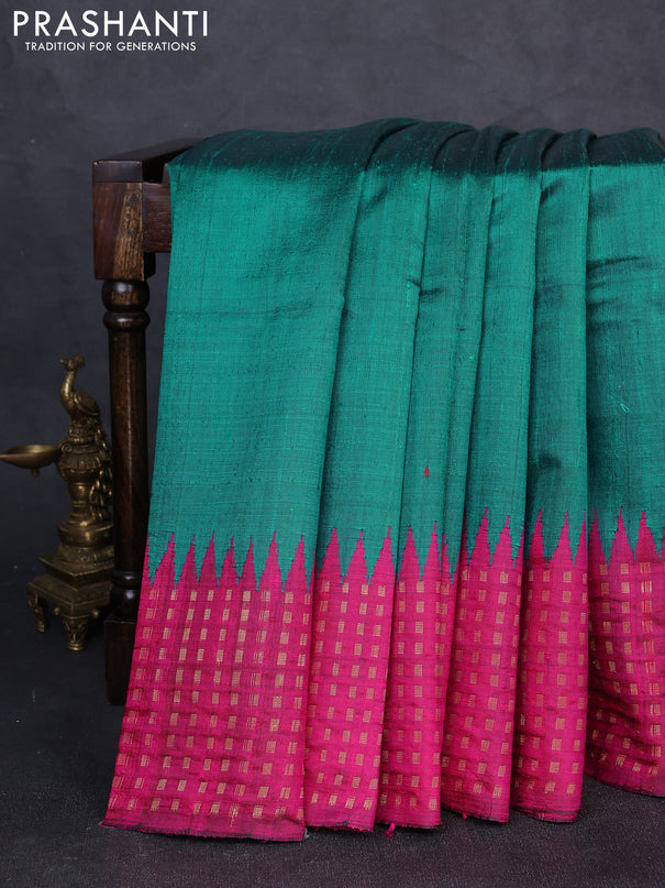 Pure dupion silk saree teal green and pink with plain body and temple design zari woven border
