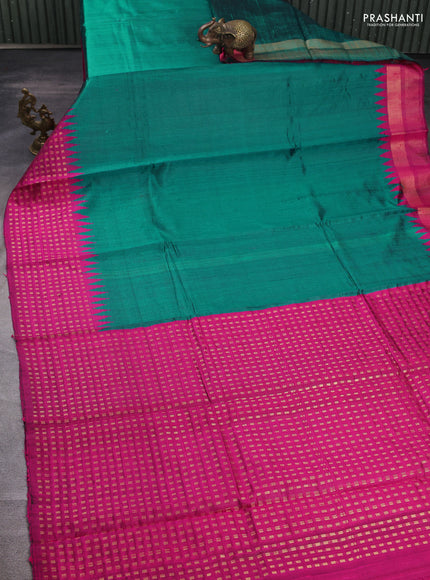 Pure dupion silk saree teal green and pink with plain body and temple design zari woven border