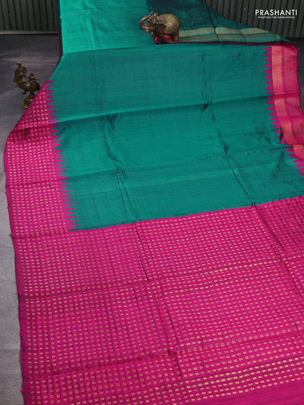 Pure dupion silk saree teal green and pink with plain body and temple design zari woven border