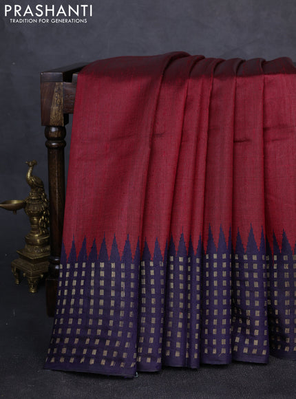 Pure dupion silk saree maroon and navy blue with plain body and temple design zari woven border