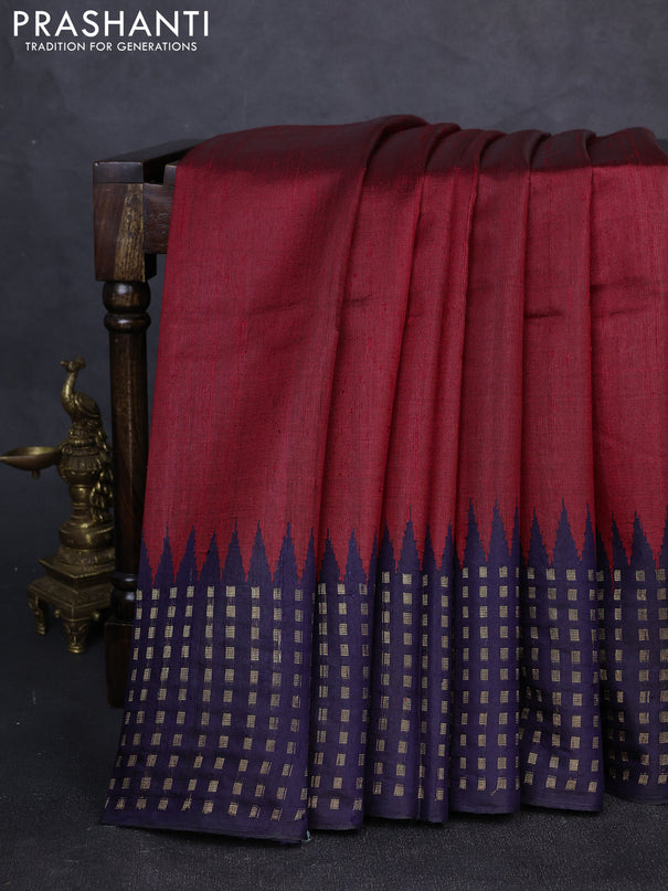 Pure dupion silk saree maroon and navy blue with plain body and temple design zari woven border