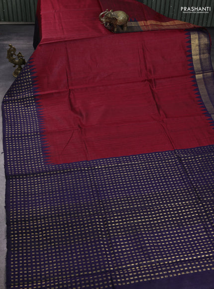 Pure dupion silk saree maroon and navy blue with plain body and temple design zari woven border