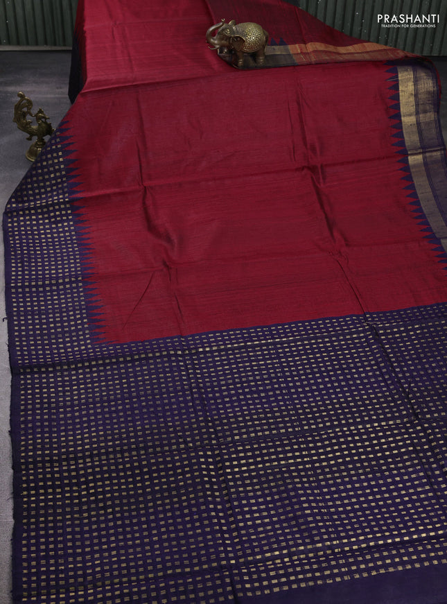 Pure dupion silk saree maroon and navy blue with plain body and temple design zari woven border