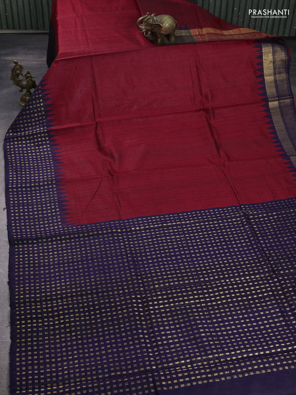 Pure dupion silk saree maroon and navy blue with plain body and temple design zari woven border