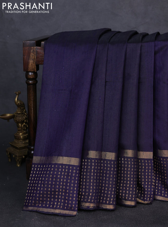 Pure dupion silk saree navy blue with plain body and zari woven butta border