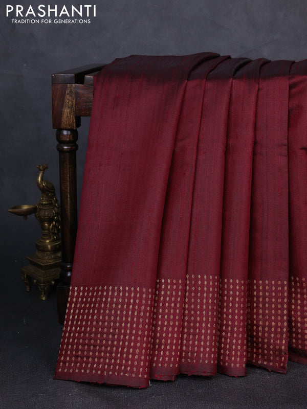 Pure dupion silk saree deep maroon with plain body and zari woven butta border