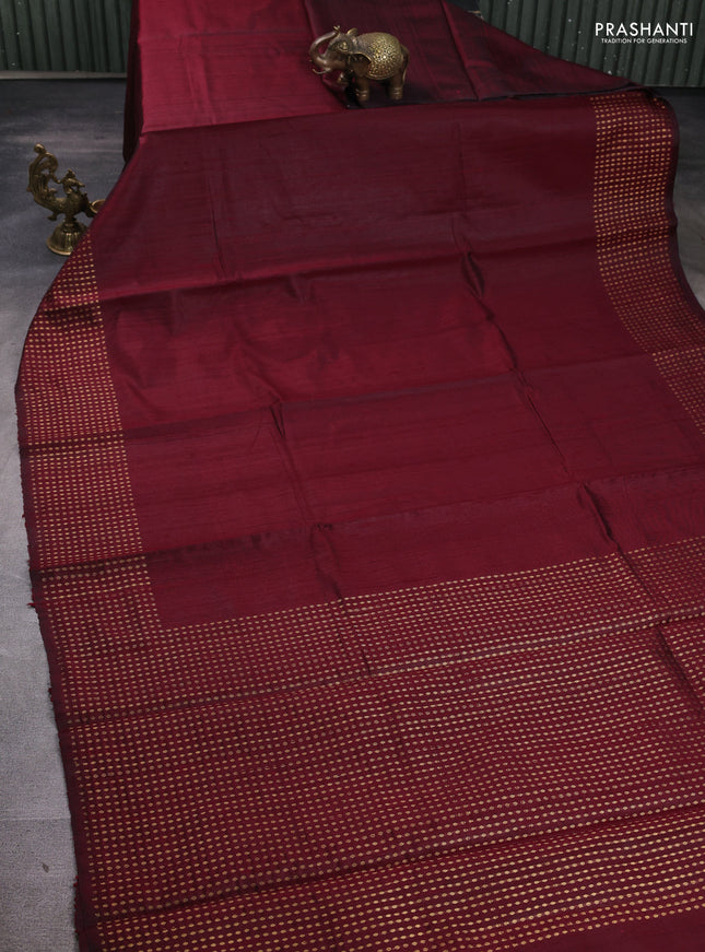 Pure dupion silk saree deep maroon with plain body and zari woven butta border