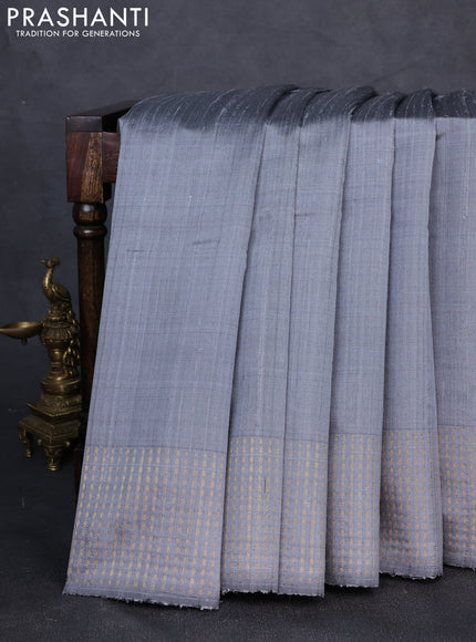 Pure dupion silk saree grey with plain body and zari woven butta border