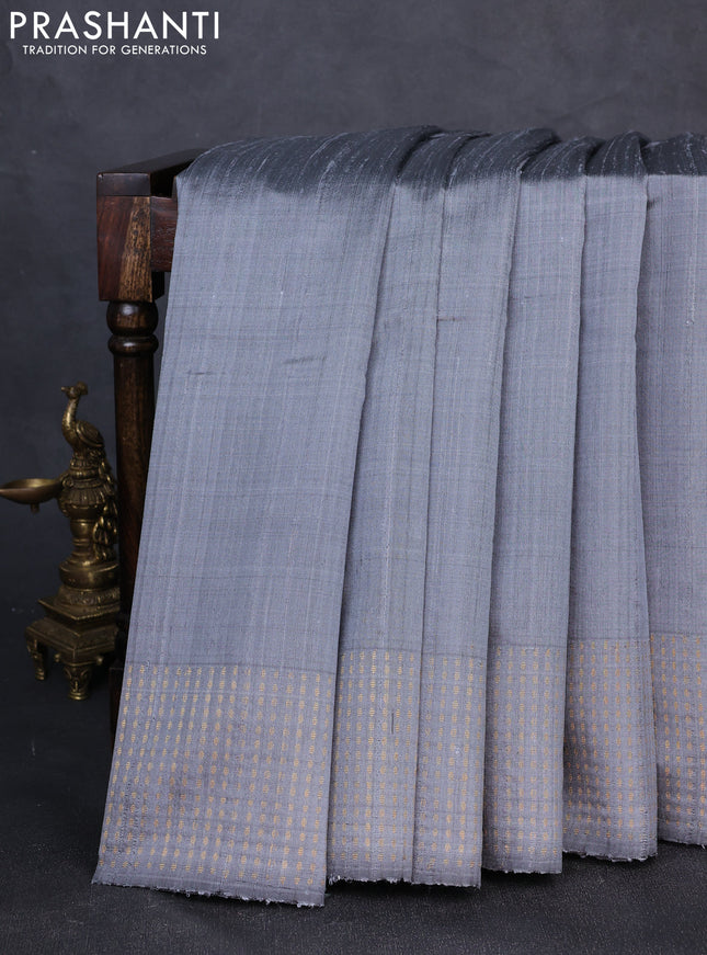 Pure dupion silk saree grey with plain body and zari woven butta border