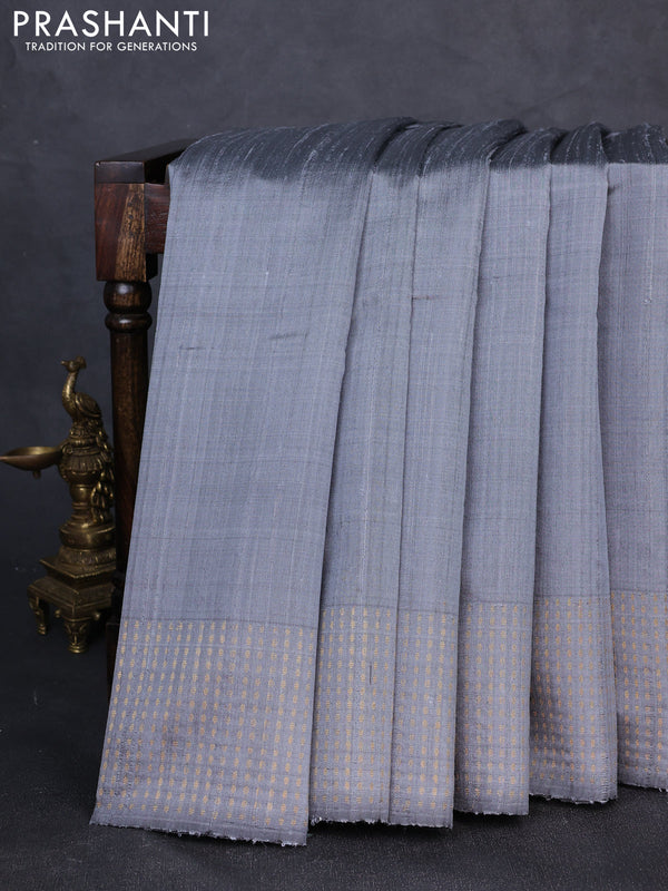 Pure dupion silk saree grey with plain body and zari woven butta border