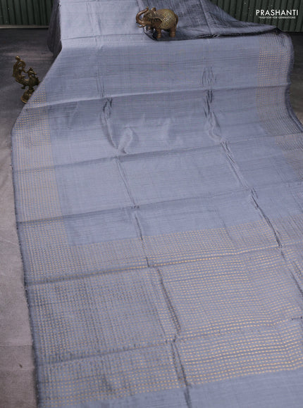 Pure dupion silk saree grey with plain body and zari woven butta border