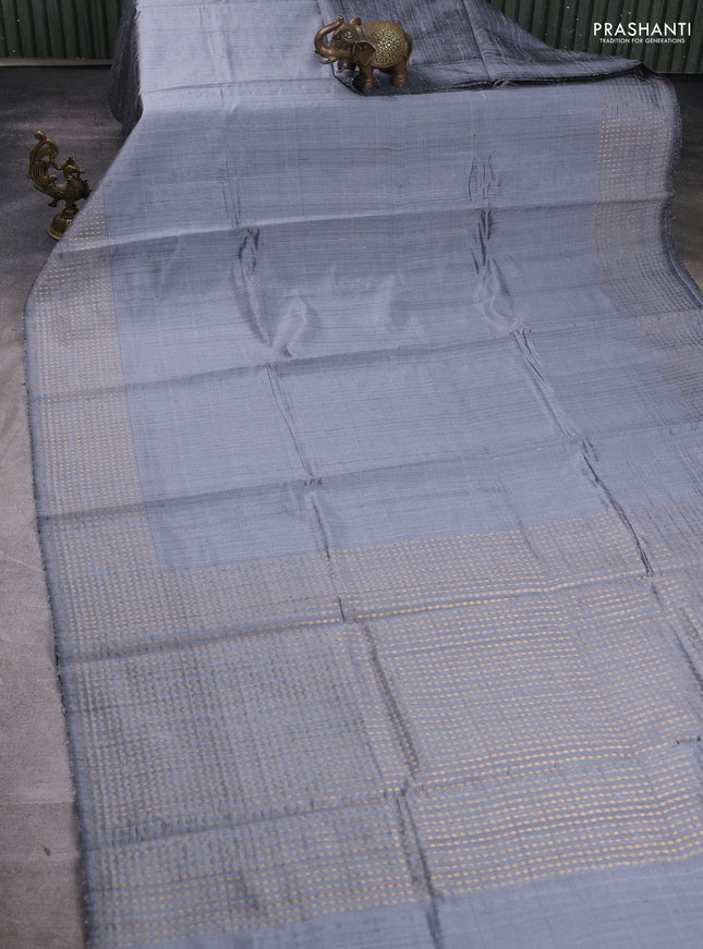 Pure dupion silk saree grey with plain body and zari woven butta border