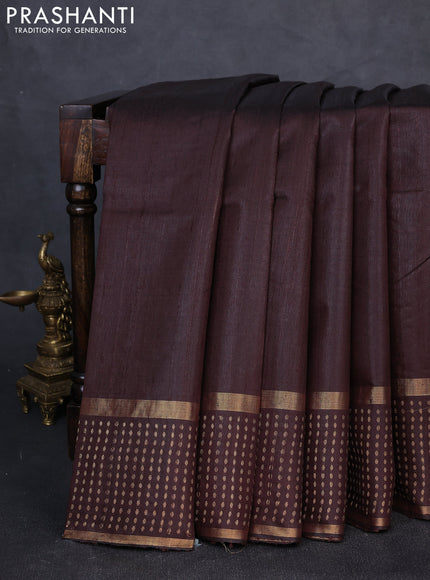 Pure dupion silk saree coffee brown with plain body and zari woven butta border