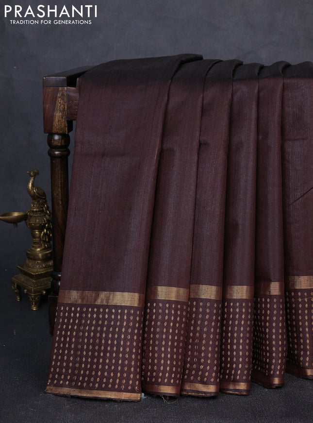 Pure dupion silk saree coffee brown with plain body and zari woven butta border