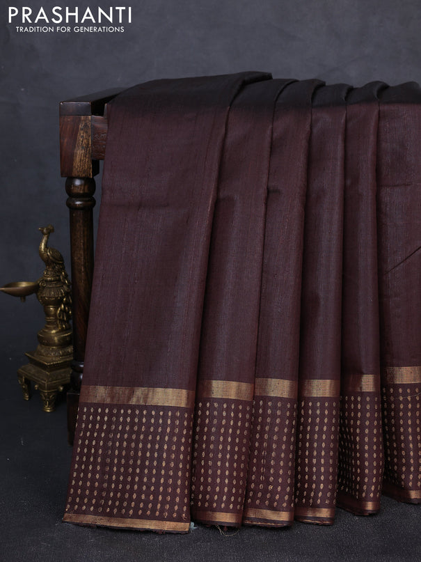 Pure dupion silk saree coffee brown with plain body and zari woven butta border