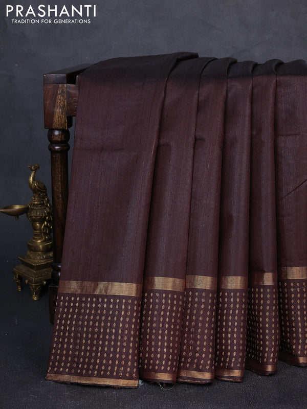 Pure dupion silk saree coffee brown with plain body and zari woven butta border