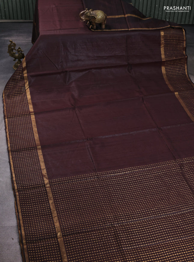 Pure dupion silk saree coffee brown with plain body and zari woven butta border