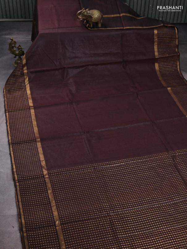 Pure dupion silk saree coffee brown with plain body and zari woven butta border