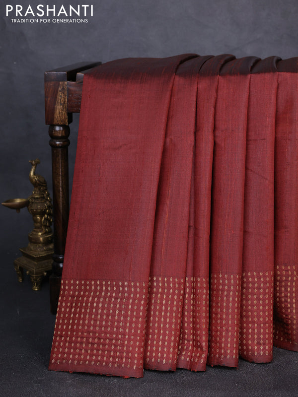 Pure dupion silk saree brown with plain body and zari woven butta border