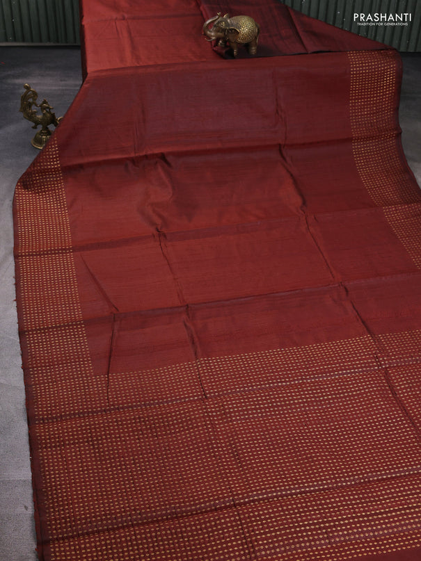 Pure dupion silk saree brown with plain body and zari woven butta border