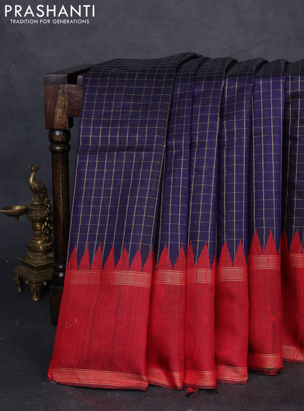 Pure dupion silk saree navy blue and maroon with allover zari checked pattern and temple design rettapet zari woven border