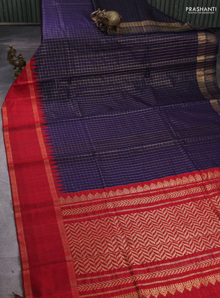Pure dupion silk saree navy blue and maroon with allover zari checked pattern and temple design rettapet zari woven border