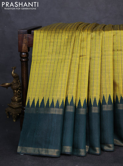 Pure dupion silk saree lime yellow and bottle green with allover zari checked pattern and temple design rettapet zari woven border