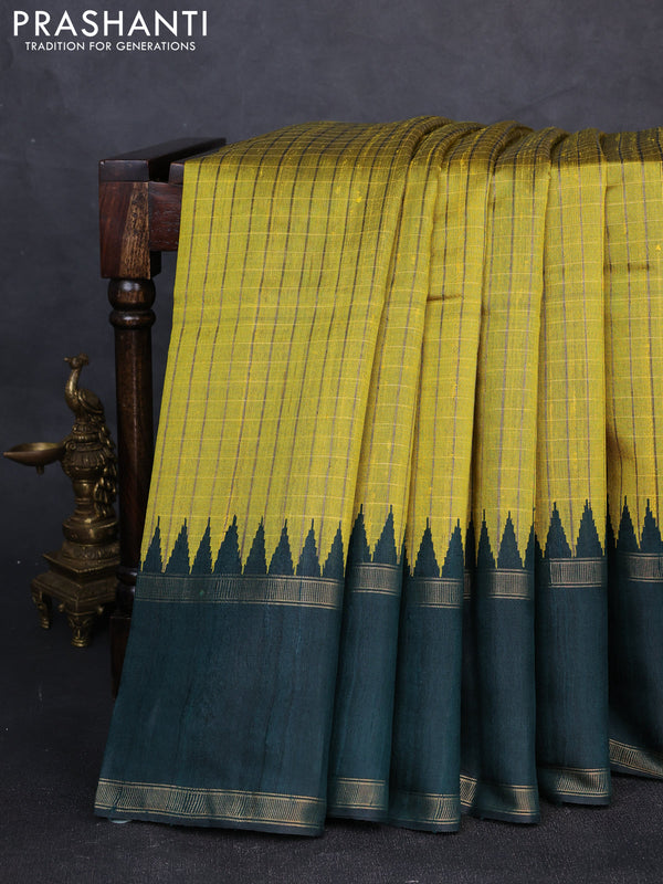 Pure dupion silk saree lime yellow and bottle green with allover zari checked pattern and temple design rettapet zari woven border