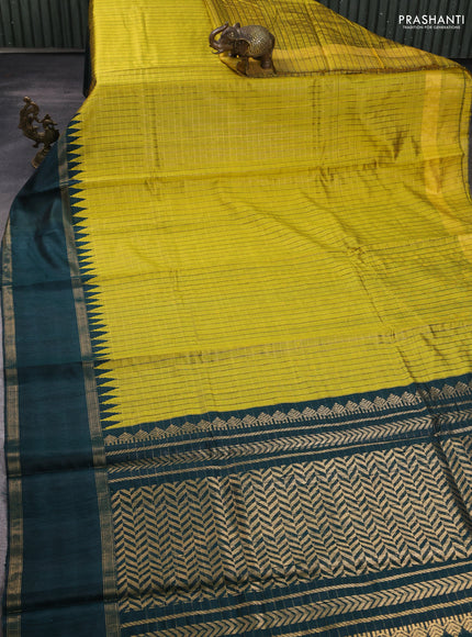 Pure dupion silk saree lime yellow and bottle green with allover zari checked pattern and temple design rettapet zari woven border