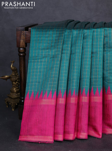 Pure dupion silk saree teal green and pink with allover zari checked pattern and temple design rettapet zari woven border