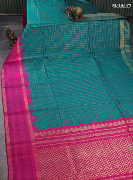 Pure dupion silk saree teal green and pink with allover zari checked pattern and temple design rettapet zari woven border