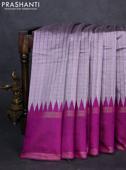 Pure dupion silk saree mild lavender and purple with allover zari checked pattern and temple design rettapet zari woven border
