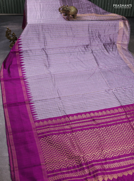 Pure dupion silk saree mild lavender and purple with allover zari checked pattern and temple design rettapet zari woven border