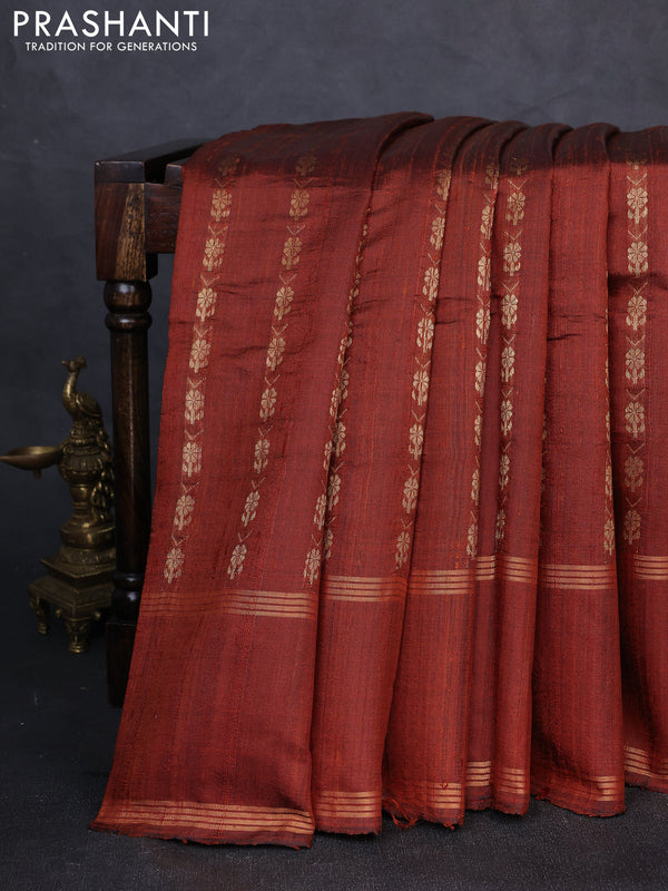 Pure dupion silk saree brown with allover zari woven floral butta weaves and rettapet zari woven border