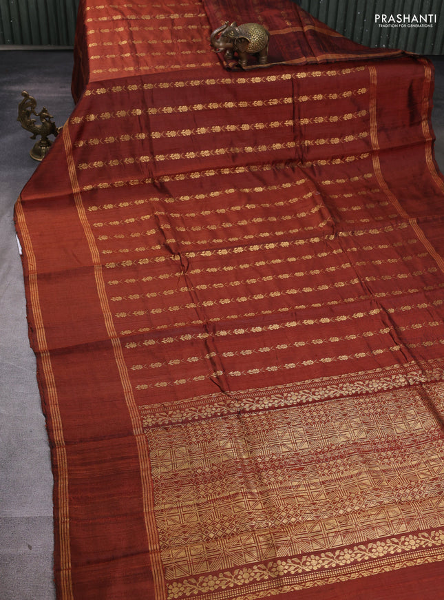 Pure dupion silk saree brown with allover zari woven floral butta weaves and rettapet zari woven border