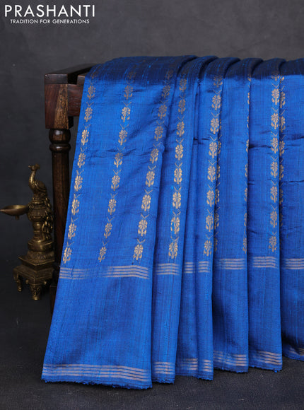 Pure dupion silk saree cs blue with allover zari woven floral butta weaves and rettapet zari woven border