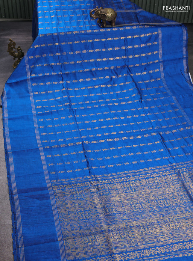 Pure dupion silk saree cs blue with allover zari woven floral butta weaves and rettapet zari woven border
