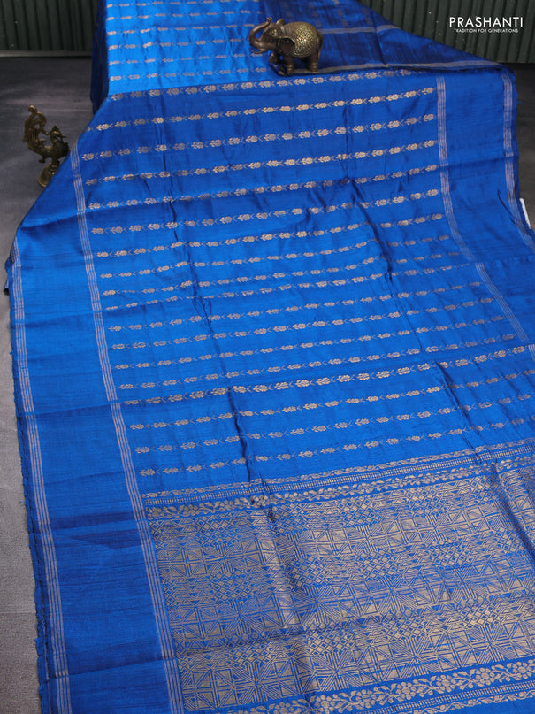 Pure dupion silk saree cs blue with allover zari woven floral butta weaves and rettapet zari woven border