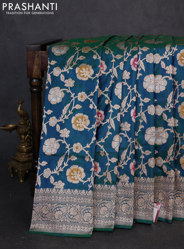 Banarasi uppada silk saree peacock green with allover thread & zari weaves and zari woven border