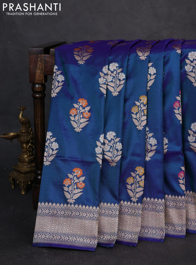 Banarasi uppada silk saree peacock blue with allover thread & zari woven buttas and zari woven border